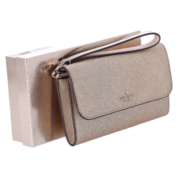 Kate Spade Glimmer Boxed Medium Flap Phone Wristlet Wallet Gold Glitter Holiday - Picture 2 of 6